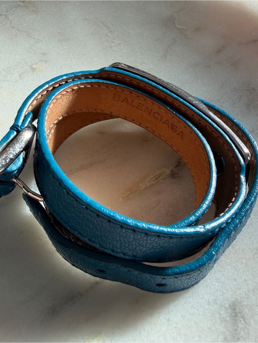 Balenciaga Teal Double-Wrap Leather Bracelet with Silver Hardware - Picture 3 of 7